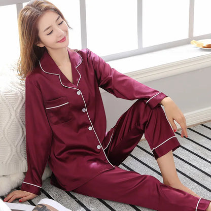 Solid Color Silk Satin Pajama Set – Long Button-Down Sleepwear for Couples, Women & Men Loungewear Plus Size