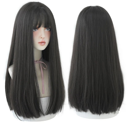 7JHHWIGS Long Straight Light Brown Synthetic Wig with Bangs – Heat-Resistant Daily Wear Wig for Women
