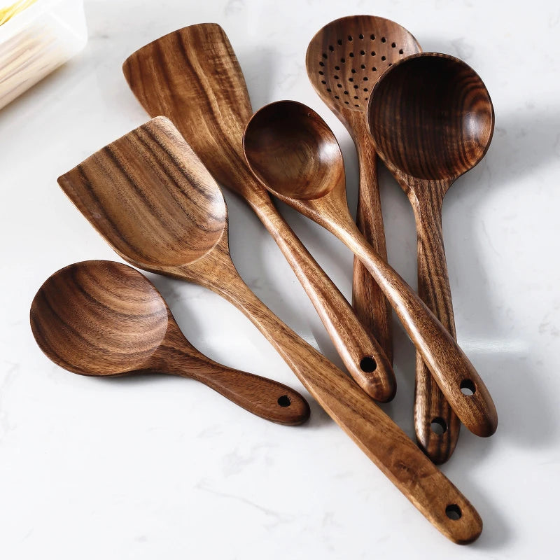 1-9pcs Teak Wood Tableware Set – Natural Wooden Cooking Spoons, Colander Spoon & Soup Skimmer Kitchen Tool Kit