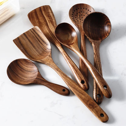 1-9pcs Teak Wood Tableware Set – Natural Wooden Cooking Spoons, Colander Spoon & Soup Skimmer Kitchen Tool Kit