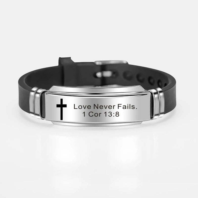 Cross Jesus Scripture Quote Bracelet – Christian Bible Verse Stainless Steel & Silicone Wristband
