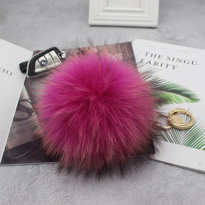 Luxury 15cm Fluffy Real Raccoon Fur Pom Pom Keychain – High-Quality Metal Ring Pendant for Women