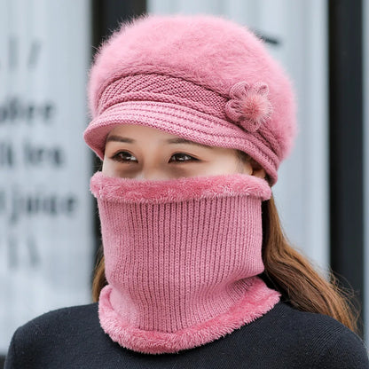 Women's Winter Hat and Scarf Set - Faux Fur Lined Knitted Cap with Flower Detail for Warmth and Style