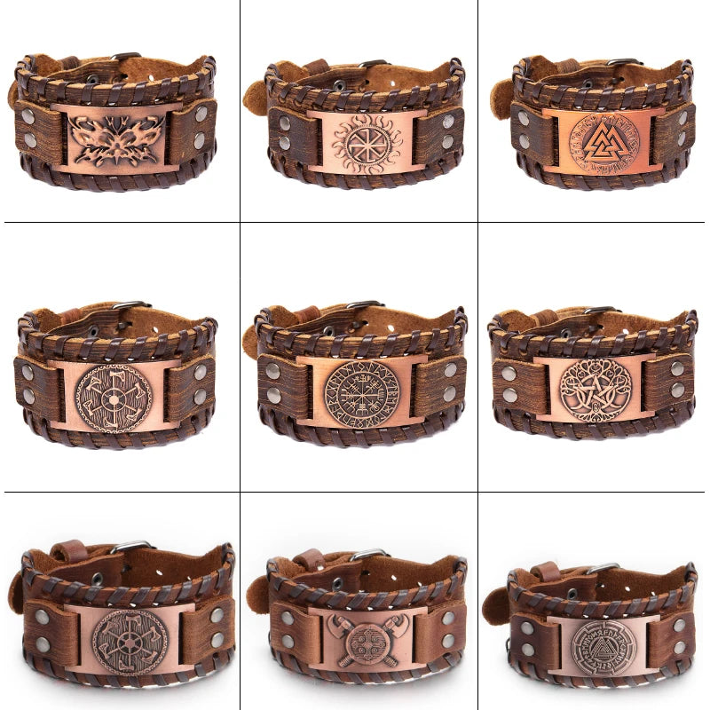 Totem Design Wide Leather Pirate Compass Bracelet - Men's Celtic Viking Jewelry, Party Gift Accessories