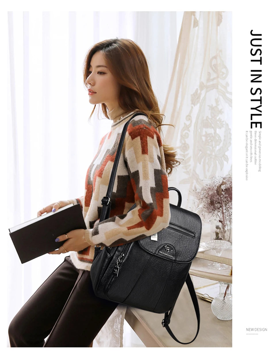 Women's Backpack 2022 - High-Quality Soft Leather, Large Capacity, Leisure Travel & School Bag for Teenage Girls - Black Mochila