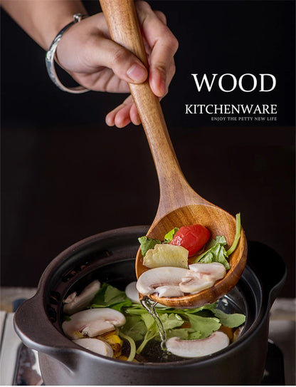 1-7pcs Teak Wood Tableware Set – Natural Wooden Spoons, Colander Spoon & Soup Skimmer Cooking Tool Kit