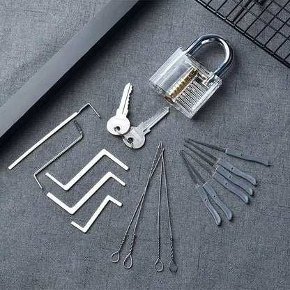 KAK Transparent Practice Padlock Set - Cutaway Training Lock with Broken Key Extractor Hooks and Locksmith Tools