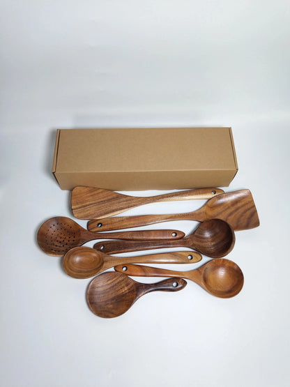 1-7pcs Teak Wood Tableware Set – Natural Wooden Spoons, Colander Spoon & Soup Skimmer Cooking Tool Kit
