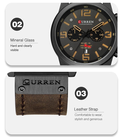CURREN Men's Luxury Waterproof Sport Watch – Chronograph Quartz Military Wristwatch with Genuine Leather Strap
