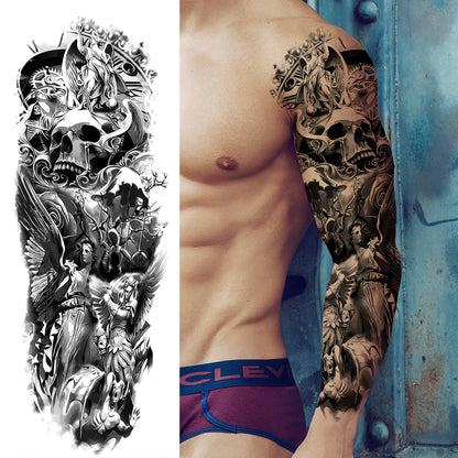Temporary Tattoo Sleeve - Realistic Full Arm Skull Angel Maori Design Tattoo Sticker for Men & Women