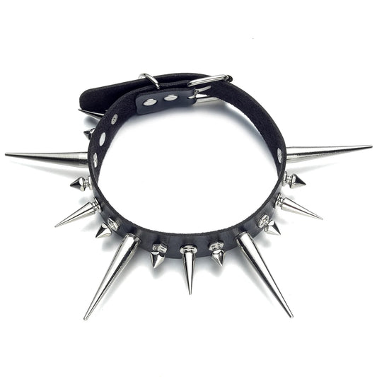Punk Long Spike Choker – Studded Faux Leather Collar for Men & Women, Goth Rivet Necklace