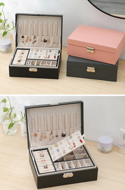 Double-Layer Wooden Jewelry Box – PU Leather Ring & Accessory Organizer with Storage and Makeup Case