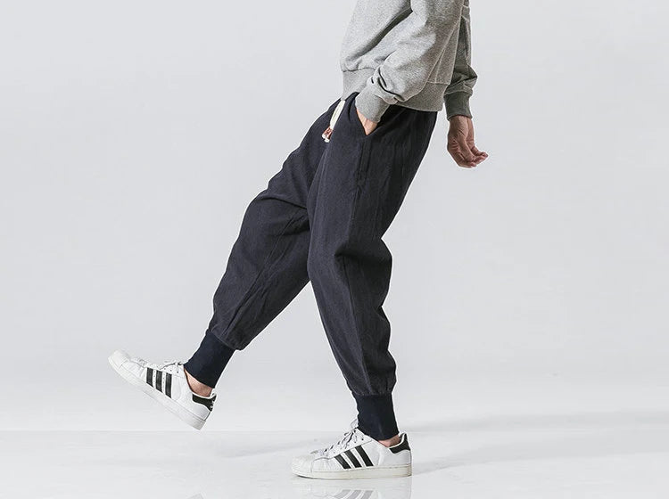 Men’s Cotton Linen Harem Pants – Solid Color Baggy Drop-Crotch Joggers with Elastic Waist Casual Streetwear Trousers