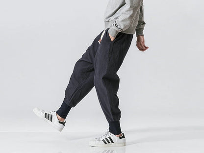 Men’s Cotton Linen Harem Pants – Solid Color Baggy Drop-Crotch Joggers with Elastic Waist Casual Streetwear Trousers