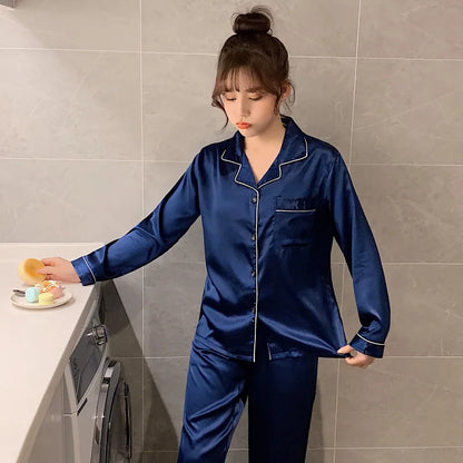 Solid Color Silk Satin Pajama Set – Long Button-Down Sleepwear for Couples, Women & Men Loungewear Plus Size