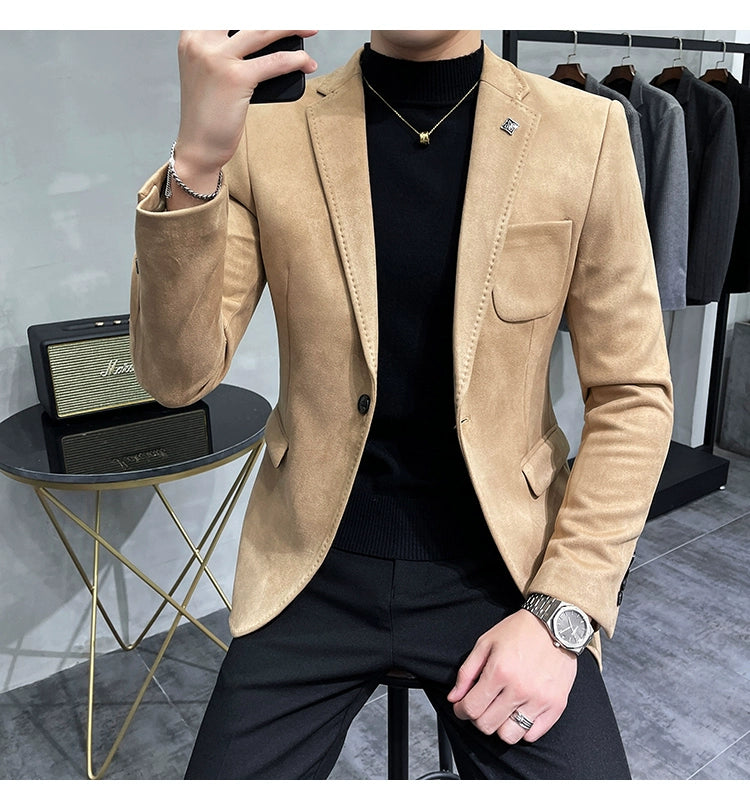Men's Deerskin Fleece Blazer – Slim Fit Single Button Suit Jacket for Business & Casual Wear