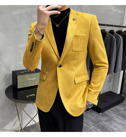 Men's Deerskin Fleece Blazer – Slim Fit Single Button Suit Jacket for Business & Casual Wear