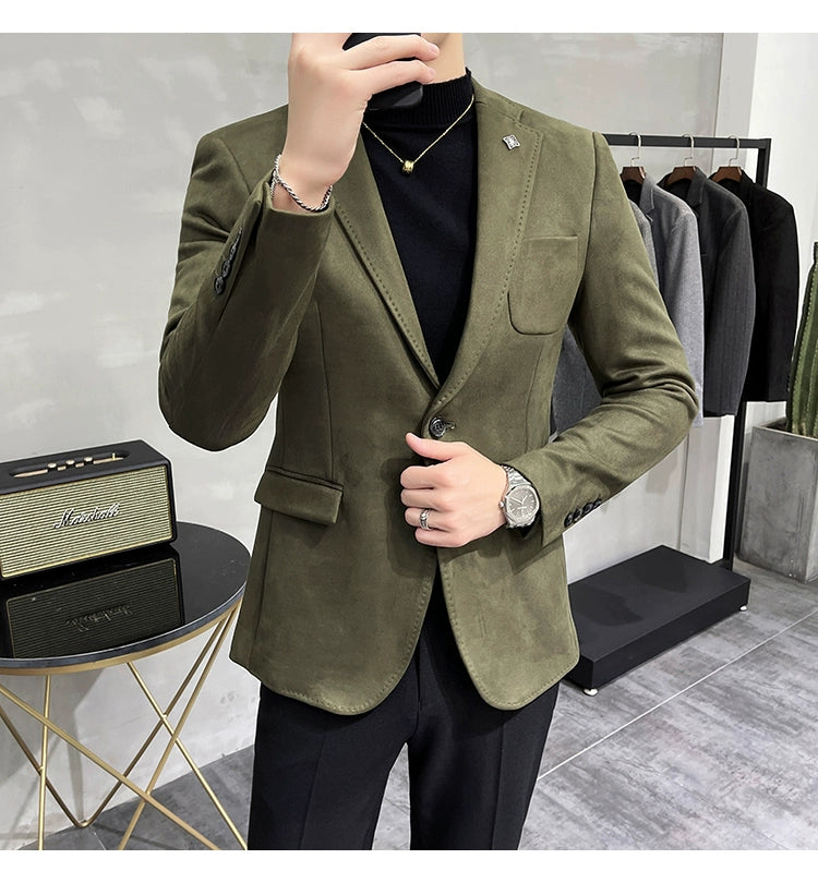 Men's Deerskin Fleece Blazer – Slim Fit Single Button Suit Jacket for Business & Casual Wear
