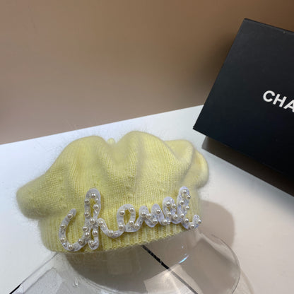 Luxury Fashion Letter Pearl Angora Fur Beret – Women's French Painter Hat, Warm Knitted Octagonal Walking Cap