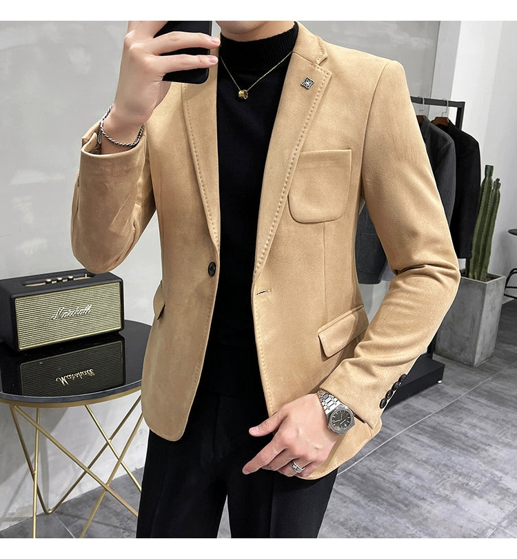 Men's Deerskin Fleece Blazer – Slim Fit Single Button Suit Jacket for Business & Casual Wear