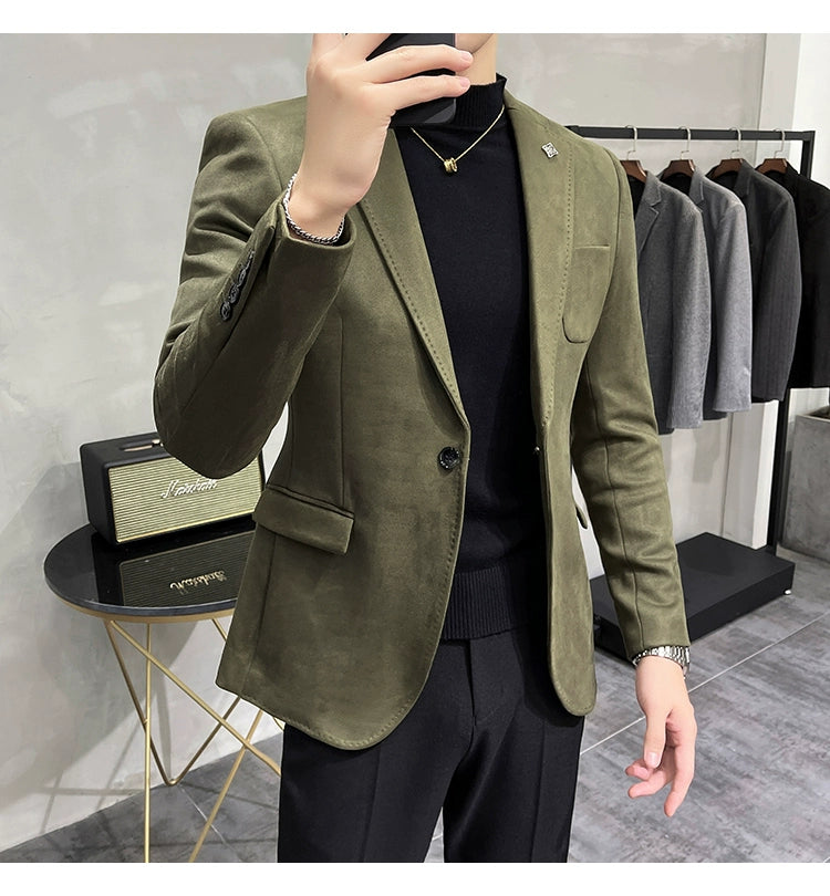 Men's Deerskin Fleece Blazer – Slim Fit Single Button Suit Jacket for Business & Casual Wear