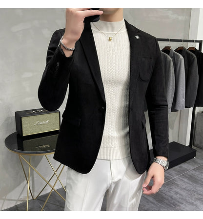 Men's Deerskin Fleece Blazer – Slim Fit Single Button Suit Jacket for Business & Casual Wear