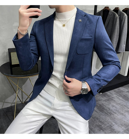 Men's Deerskin Fleece Blazer – Slim Fit Single Button Suit Jacket for Business & Casual Wear
