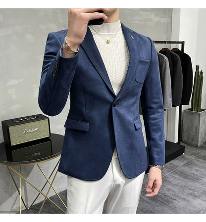Men's Deerskin Fleece Blazer – Slim Fit Single Button Suit Jacket for Business & Casual Wear