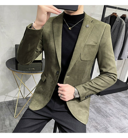 Men's Deerskin Fleece Blazer – Slim Fit Single Button Suit Jacket for Business & Casual Wear