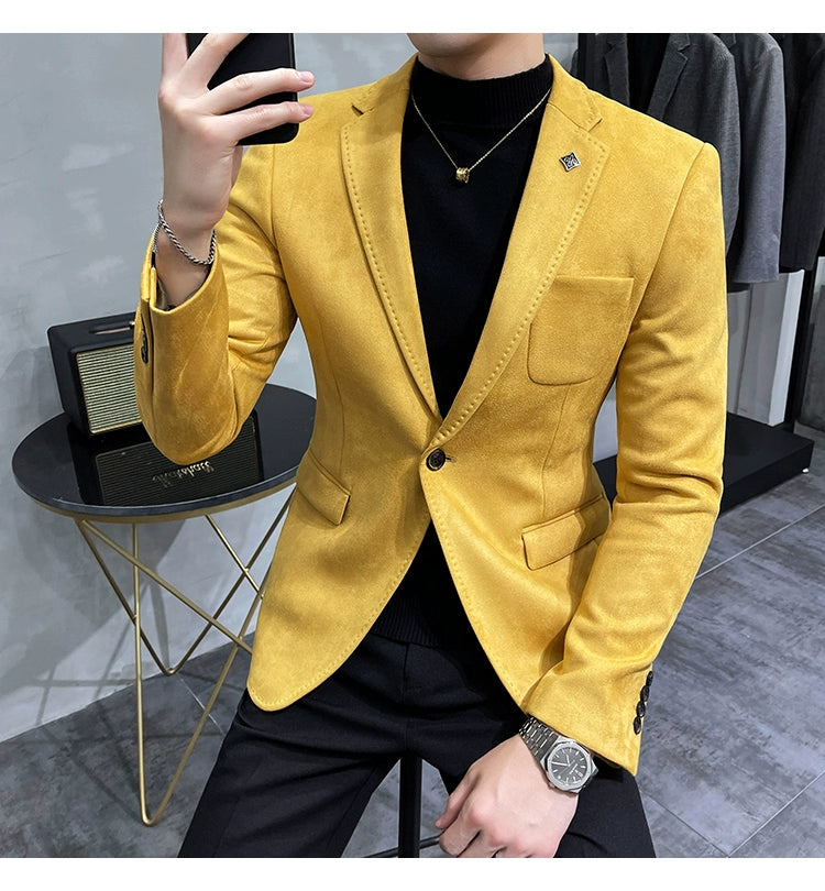 Men's Deerskin Fleece Blazer – Slim Fit Single Button Suit Jacket for Business & Casual Wear