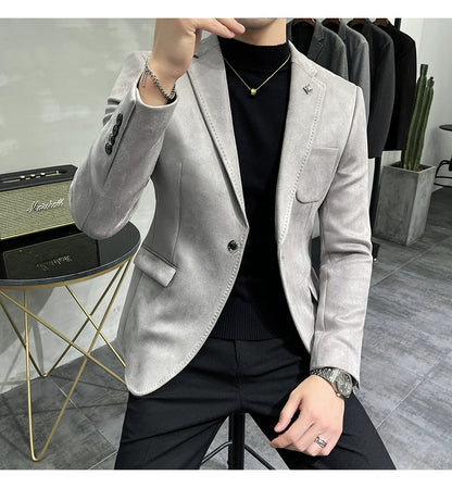 Men's Deerskin Fleece Blazer – Slim Fit Single Button Suit Jacket for Business & Casual Wear