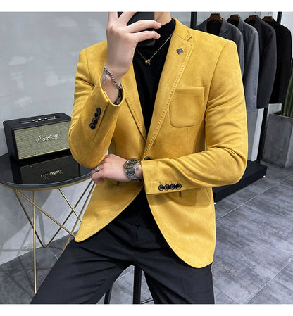 Men's Deerskin Fleece Blazer – Slim Fit Single Button Suit Jacket for Business & Casual Wear