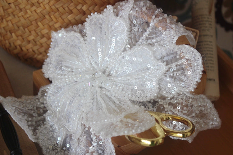 White Multi-Layer Lace Sequin 3D Flower Patch – DIY Clothing Decorative Applique