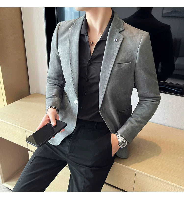 Men’s Slim Fit Deerskin Velvet Blazer – Elegant Luxury Business Casual Wedding Suit Coat (S to 4XL)