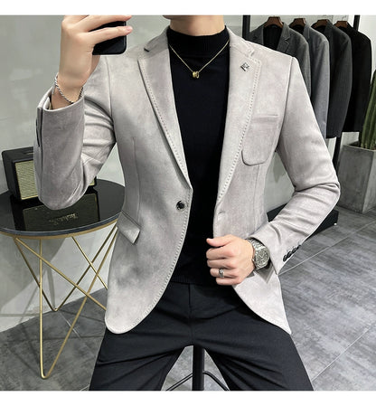 Men's Deerskin Fleece Blazer – Slim Fit Single Button Suit Jacket for Business & Casual Wear