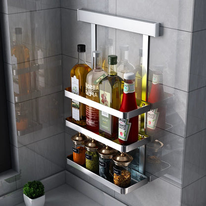 Wall-Mounted 304 Stainless Steel Kitchen Rack – Punch-Free Spice Organizer with Knife Holder & Condiment Storage