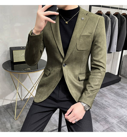 Men's Deerskin Fleece Blazer – Slim Fit Single Button Suit Jacket for Business & Casual Wear