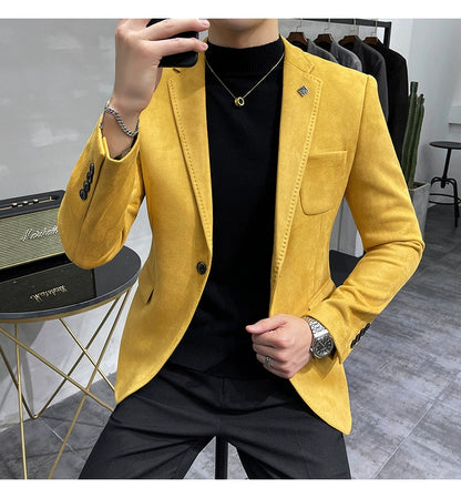 Men's Deerskin Fleece Blazer – Slim Fit Single Button Suit Jacket for Business & Casual Wear
