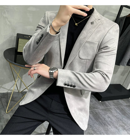 Men's Deerskin Fleece Blazer – Slim Fit Single Button Suit Jacket for Business & Casual Wear