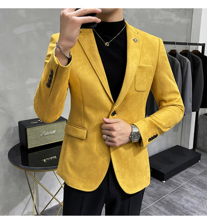 Men's Deerskin Fleece Blazer – Slim Fit Single Button Suit Jacket for Business & Casual Wear