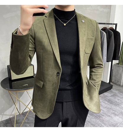 Men's Deerskin Fleece Blazer – Slim Fit Single Button Suit Jacket for Business & Casual Wear