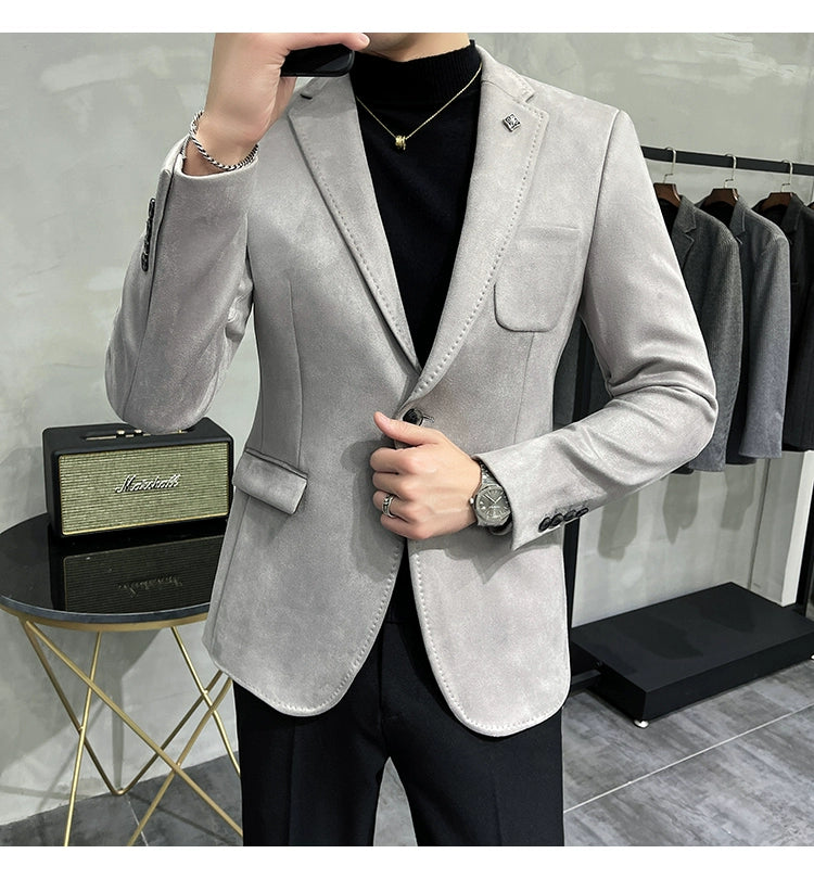 Men's Deerskin Fleece Blazer – Slim Fit Single Button Suit Jacket for Business & Casual Wear