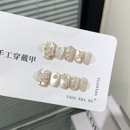 10 Pcs Handmade Short Square Press-On Nails – Full Cover Flower & Cat Eye Ballet False Nails Manicure Tips