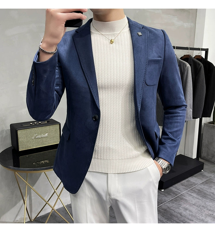 Men's Deerskin Fleece Blazer – Slim Fit Single Button Suit Jacket for Business & Casual Wear