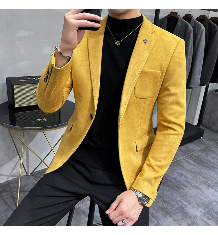 Men's Deerskin Fleece Blazer – Slim Fit Single Button Suit Jacket for Business & Casual Wear