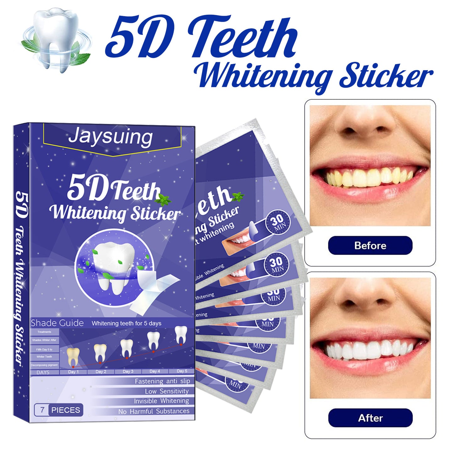 5D Whitening Teeth Stickers – 7/14 Pairs Gel Strips for Stain Removal, Dental Bleaching & Oral Hygiene Care
