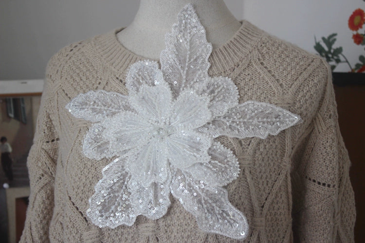 White Multi-Layer Lace Sequin 3D Flower Patch – DIY Clothing Decorative Applique