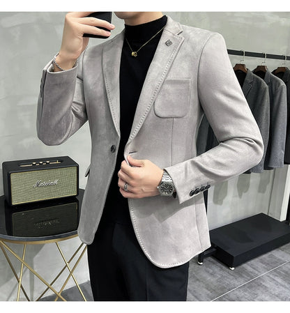 Men's Deerskin Fleece Blazer – Slim Fit Single Button Suit Jacket for Business & Casual Wear