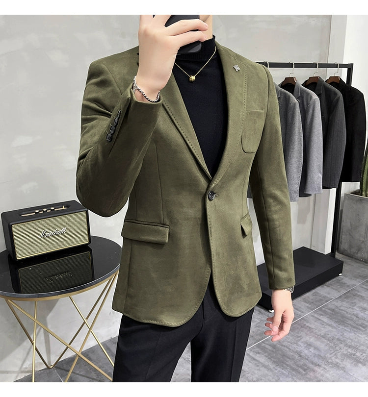 Men's Deerskin Fleece Blazer – Slim Fit Single Button Suit Jacket for Business & Casual Wear