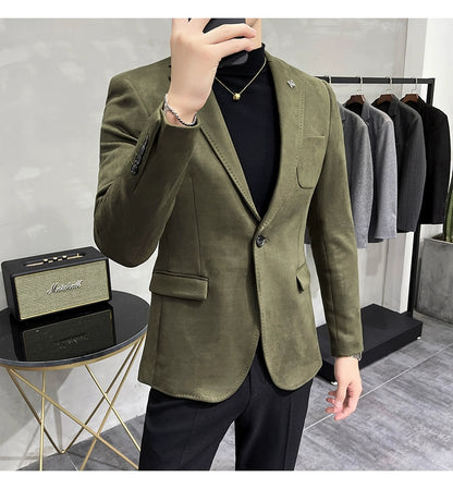 Men's Deerskin Fleece Blazer – Slim Fit Single Button Suit Jacket for Business & Casual Wear